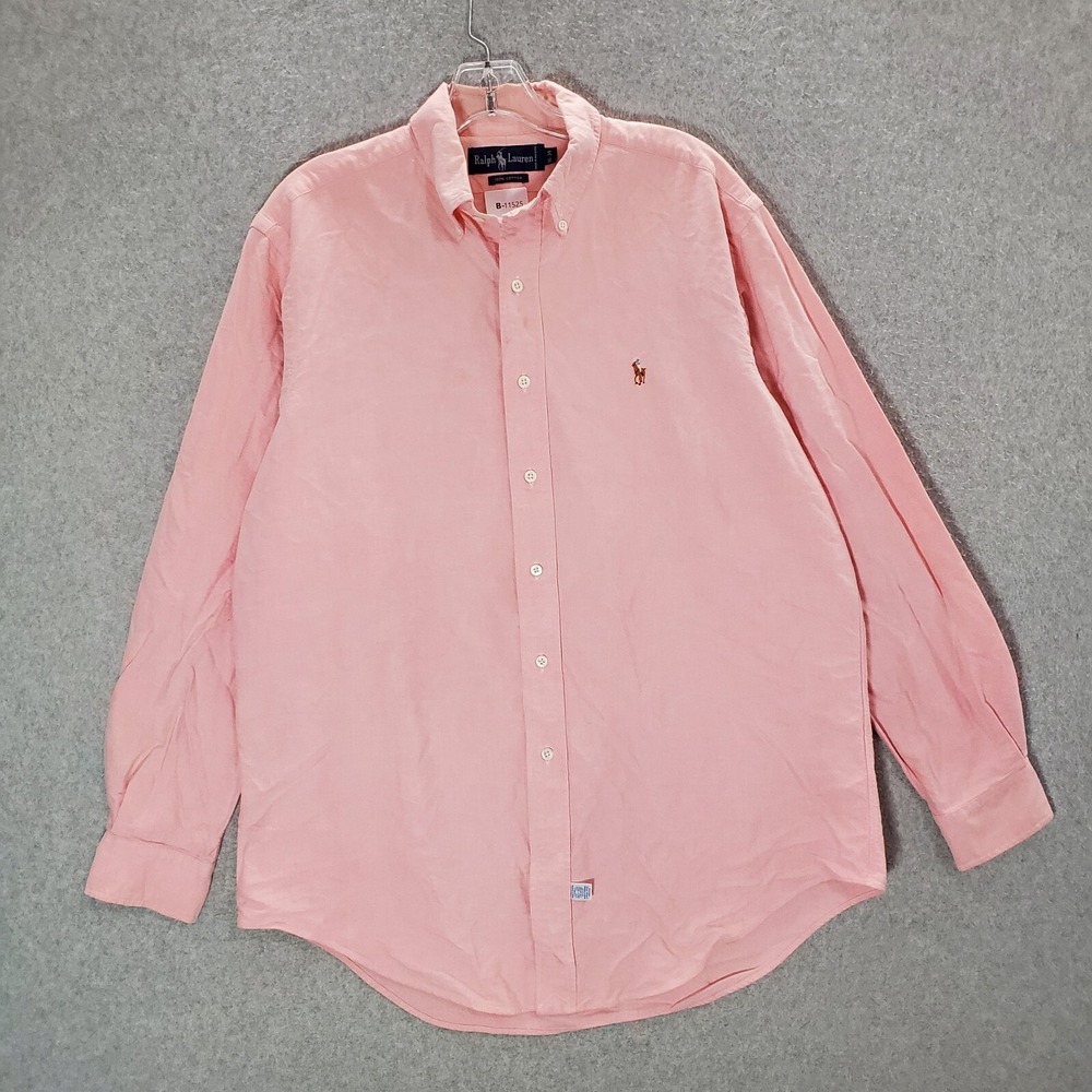 VINTAGE Ralph Lauren Men Button Up Shirt 34 Pink Embroidered Logo Collar